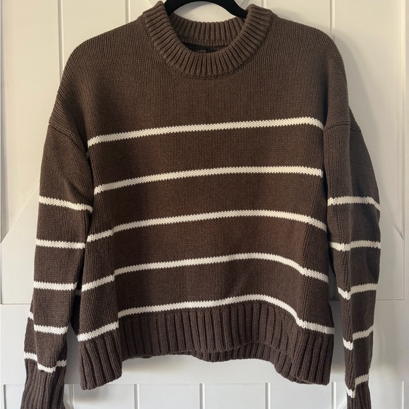 Quince Brown Striped Crewneck Sweater, 100% Organic Cotton - Picture 2 of 9